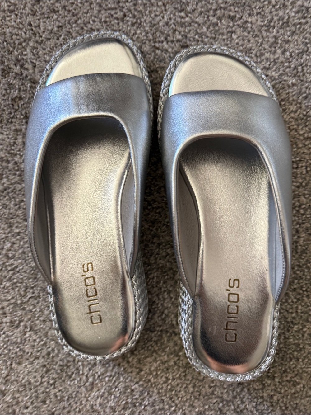 Chico's Metallic Silver Slip-On Espadrille Mules